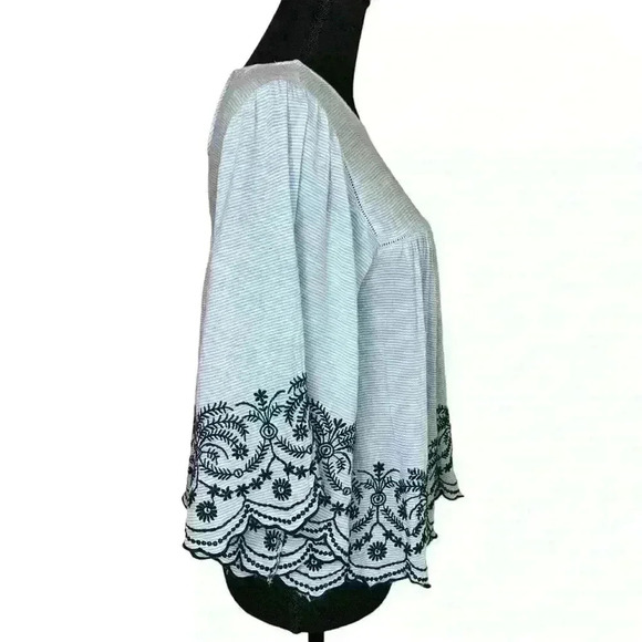 Zara Basics Stripes Embroidered Top 3/4 Sleeve Wide Sleeve - Picture 2 of 4